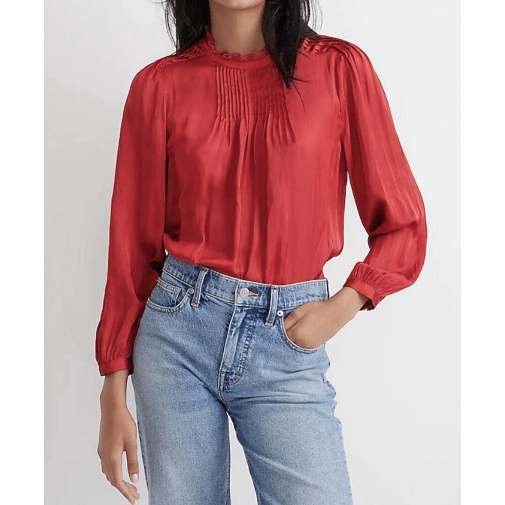 J.Crew Ruffleneck Drapey Top – Elegant Red Long Sleeve Blouse Size L